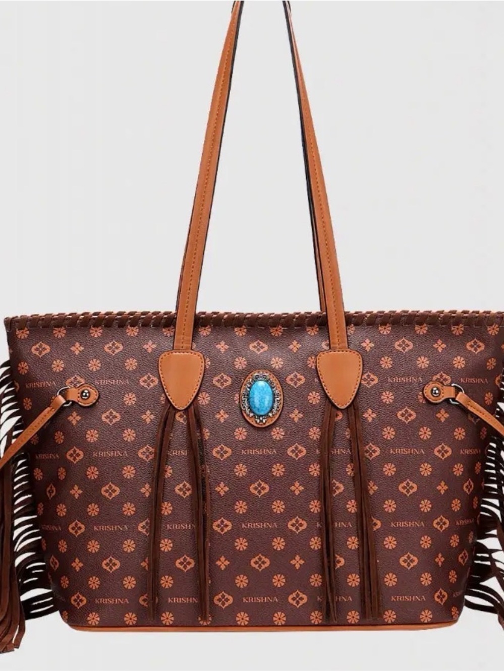 Brown Patterned Fringe Tote with Turquoise Accent